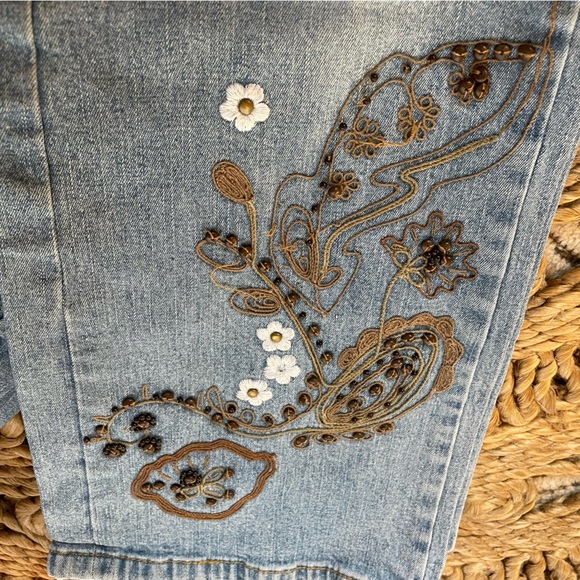 Vintage 70s Bootcut Embroidered Jeans Daisy Light Wash Flare Retro Denim Size 6 - Picture 2 of 9